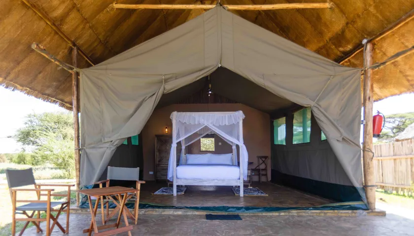 Luxury tent exterior at dusk